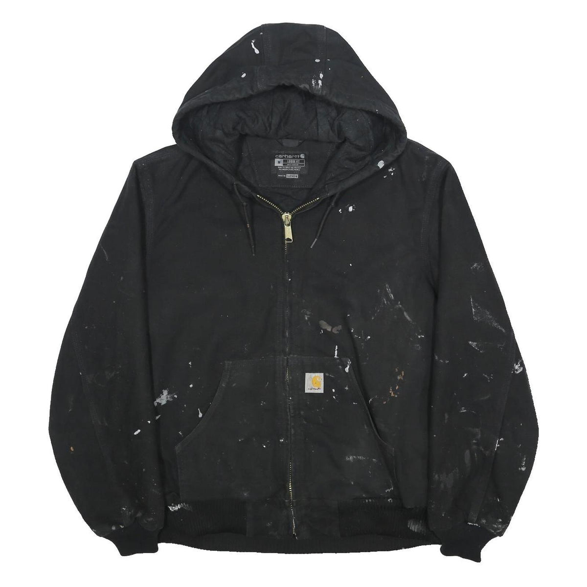 CARHARTT Mens Black Hoodie Jacket M Cotton Zip Workwear Paint Splatter