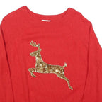 H&M Womens Red Gold Sequin Reindeer Patterned Wool Blend Jumper Crew Neck M