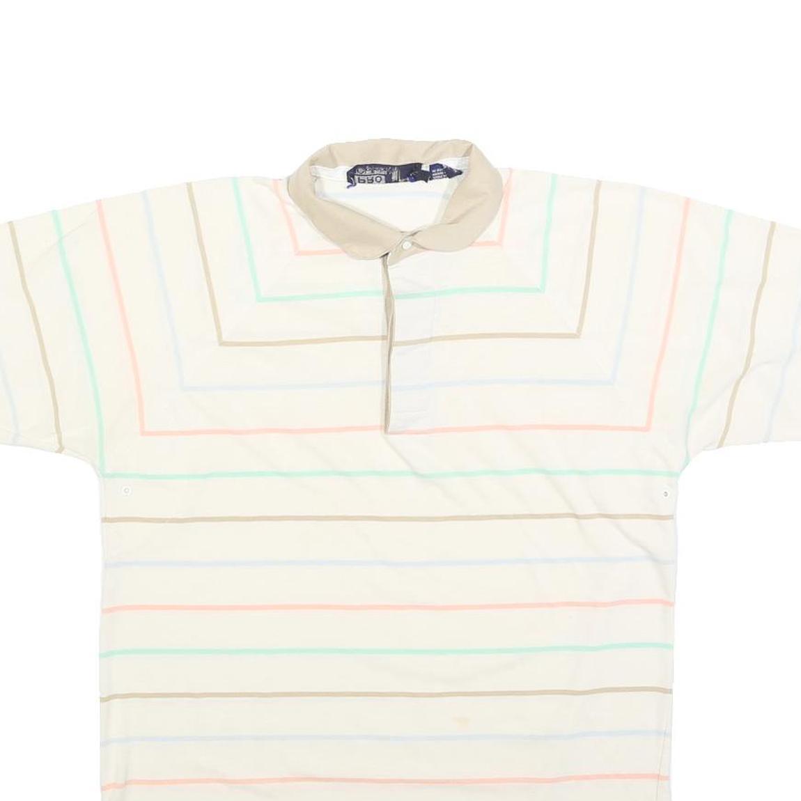 TEE TOP Mens Cream Polo Shirt M Cotton Blend Short Sleeve Striped Casual