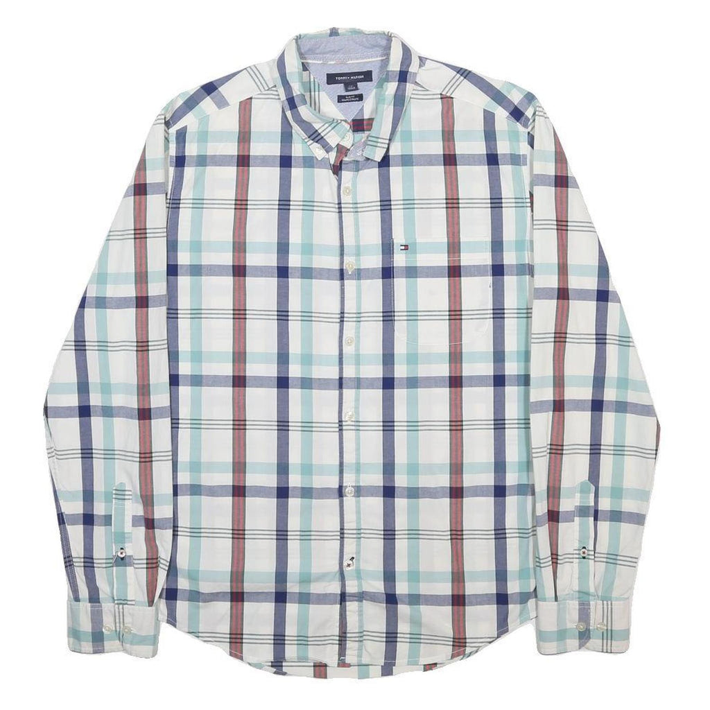 TOMMY HILFIGER Mens White Blue & Red Checked Shirt L Classic Button Down Cotton