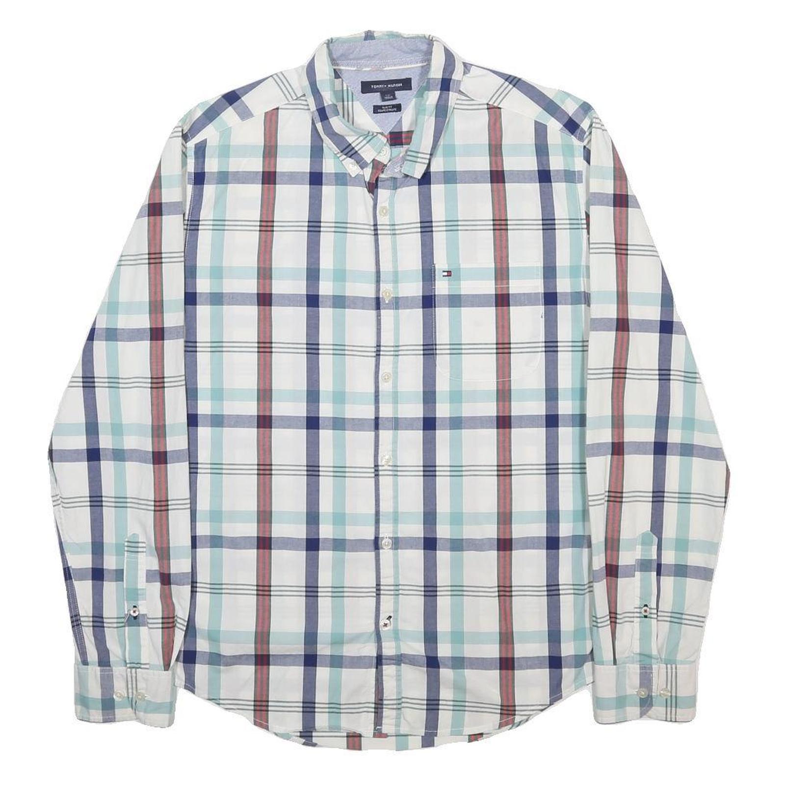 TOMMY HILFIGER Mens White Blue & Red Checked Shirt L Classic Button Down Cotton