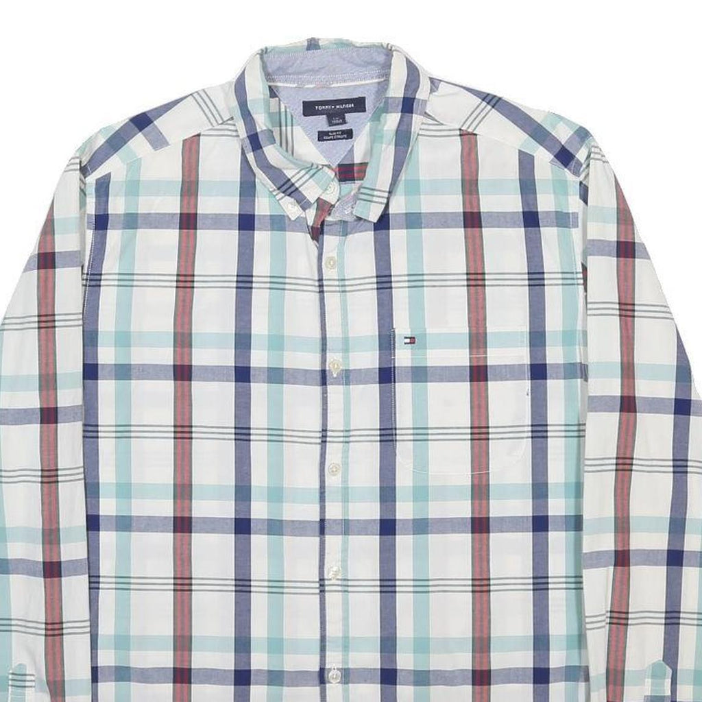 TOMMY HILFIGER Mens White Blue & Red Checked Shirt L Classic Button Down Cotton