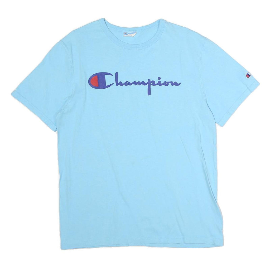 CHAMPION Mens Blue Cotton T-Shirt M Short Sleeve Crew Neck Printed Logo