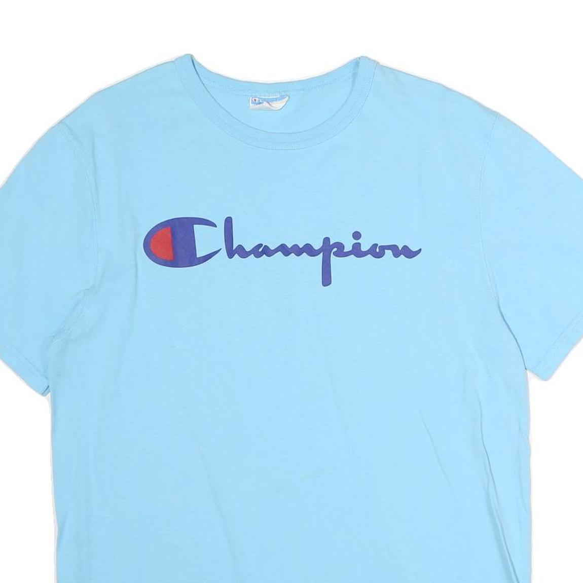 CHAMPION Mens Blue Cotton T-Shirt M Short Sleeve Crew Neck Printed Logo