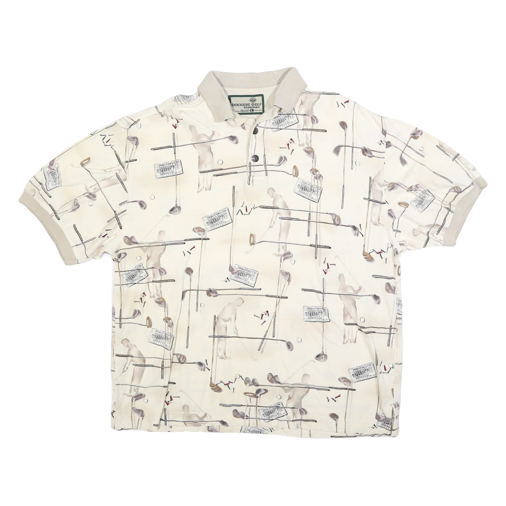 DOCKERS Mens Cream Golf Motif Short Sleeve Polo Shirt L Cotton Blend