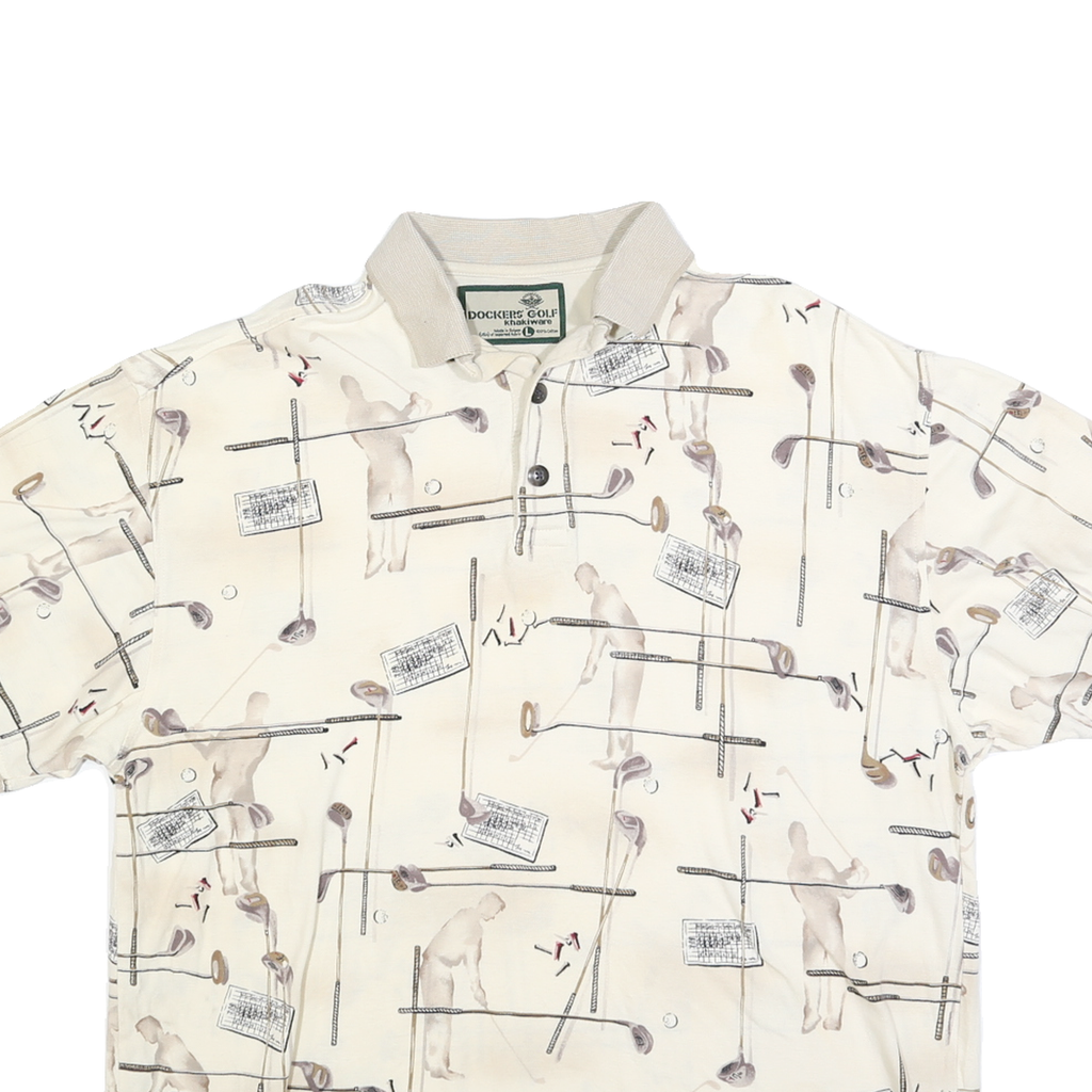 DOCKERS Mens Cream Golf Motif Short Sleeve Polo Shirt L Cotton Blend