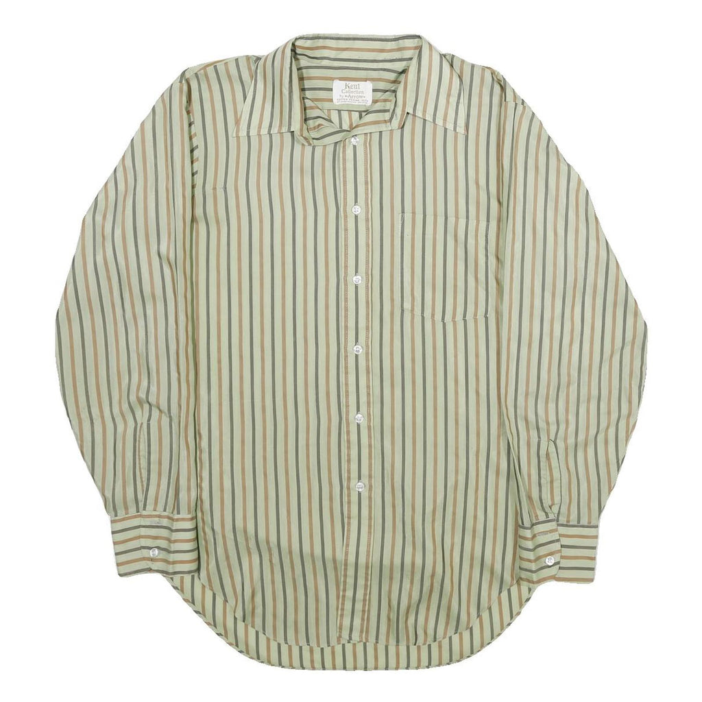 ARROW Mens Green & Brown Striped Shirt L Long Sleeve Button Collar Polyester