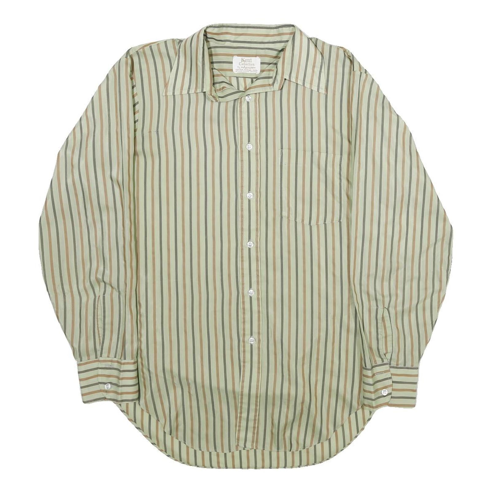 ARROW Mens Green & Brown Striped Shirt L Long Sleeve Button Collar Polyester