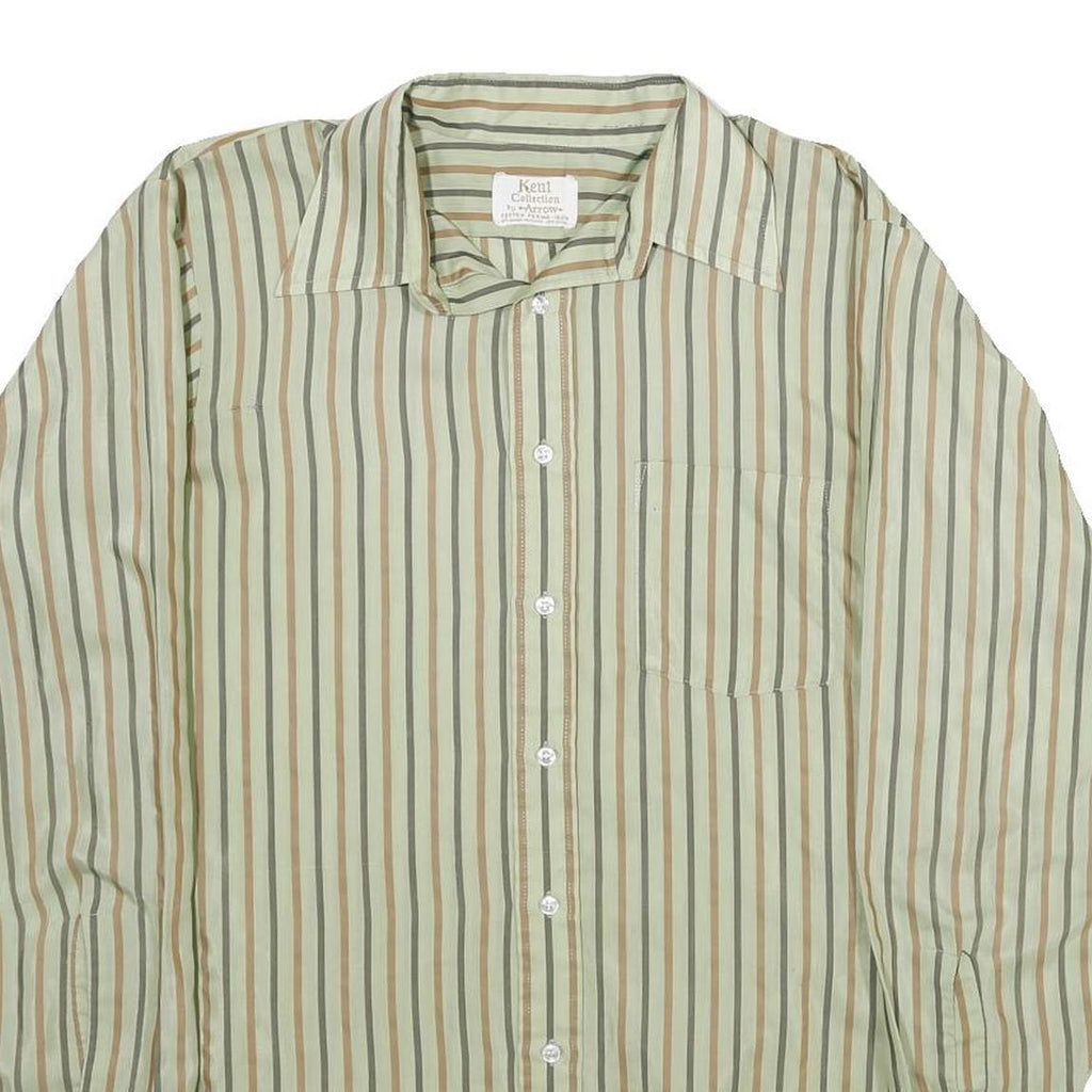 ARROW Mens Green & Brown Striped Shirt L Long Sleeve Button Collar Polyester