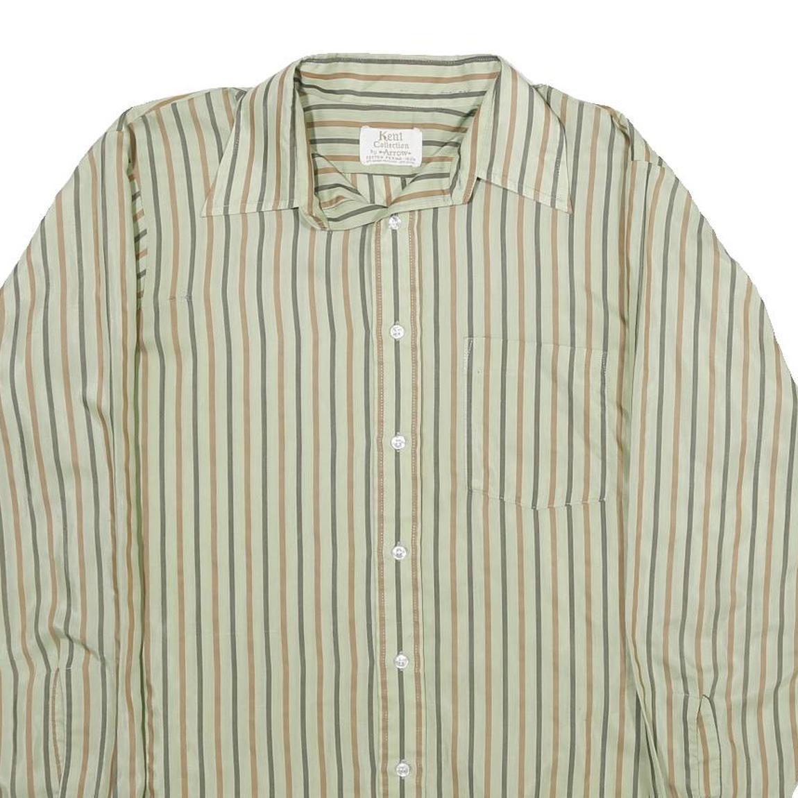 ARROW Mens Green & Brown Striped Shirt L Long Sleeve Button Collar Polyester