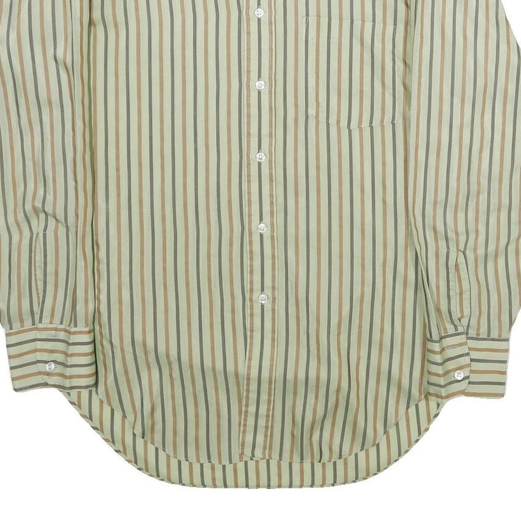 ARROW Mens Green & Brown Striped Shirt L Long Sleeve Button Collar Polyester