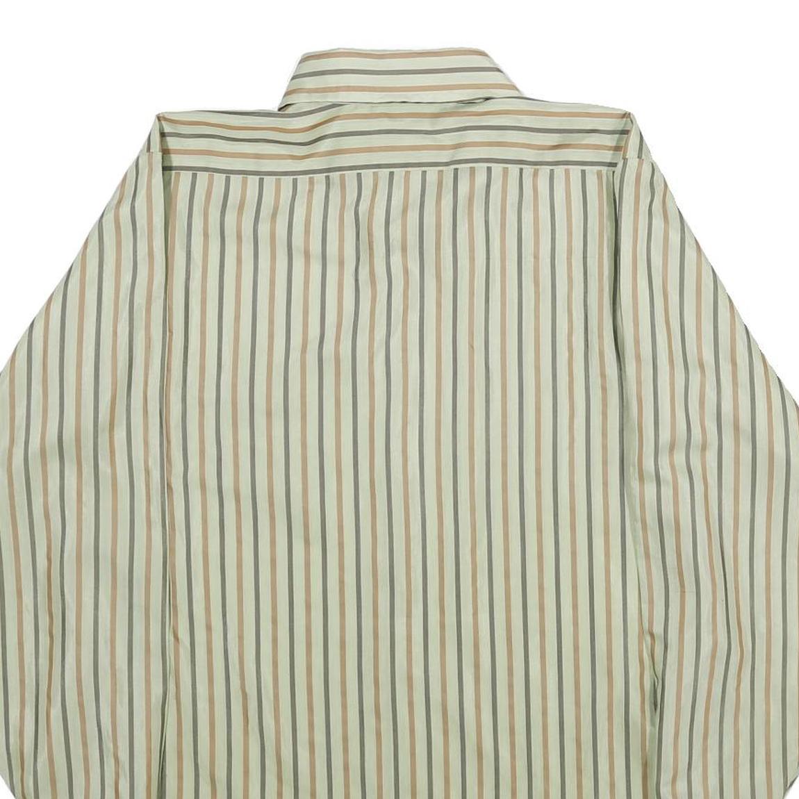 ARROW Mens Green & Brown Striped Shirt L Long Sleeve Button Collar Polyester