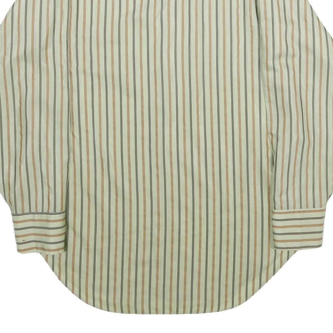 ARROW Mens Green & Brown Striped Shirt L Long Sleeve Button Collar Polyester