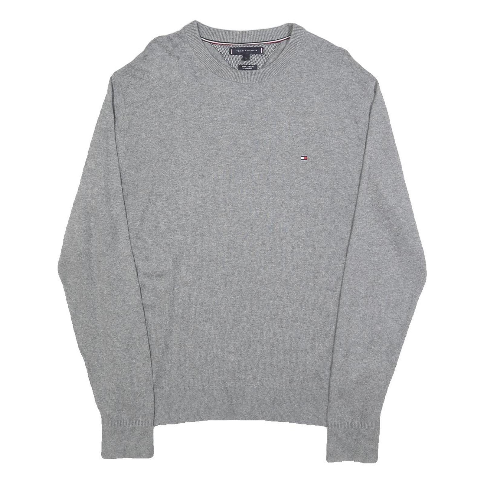 TOMMY HILFIGER Mens Grey Cotton Blend Plain Crew Neck Basic Knit Jumper L Casual