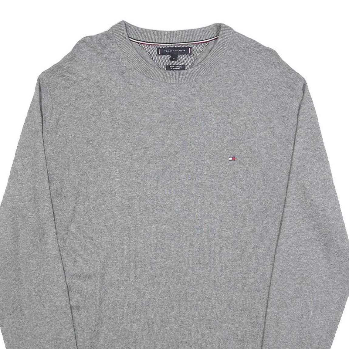 TOMMY HILFIGER Mens Grey Cotton Blend Plain Crew Neck Basic Knit Jumper L Casual
