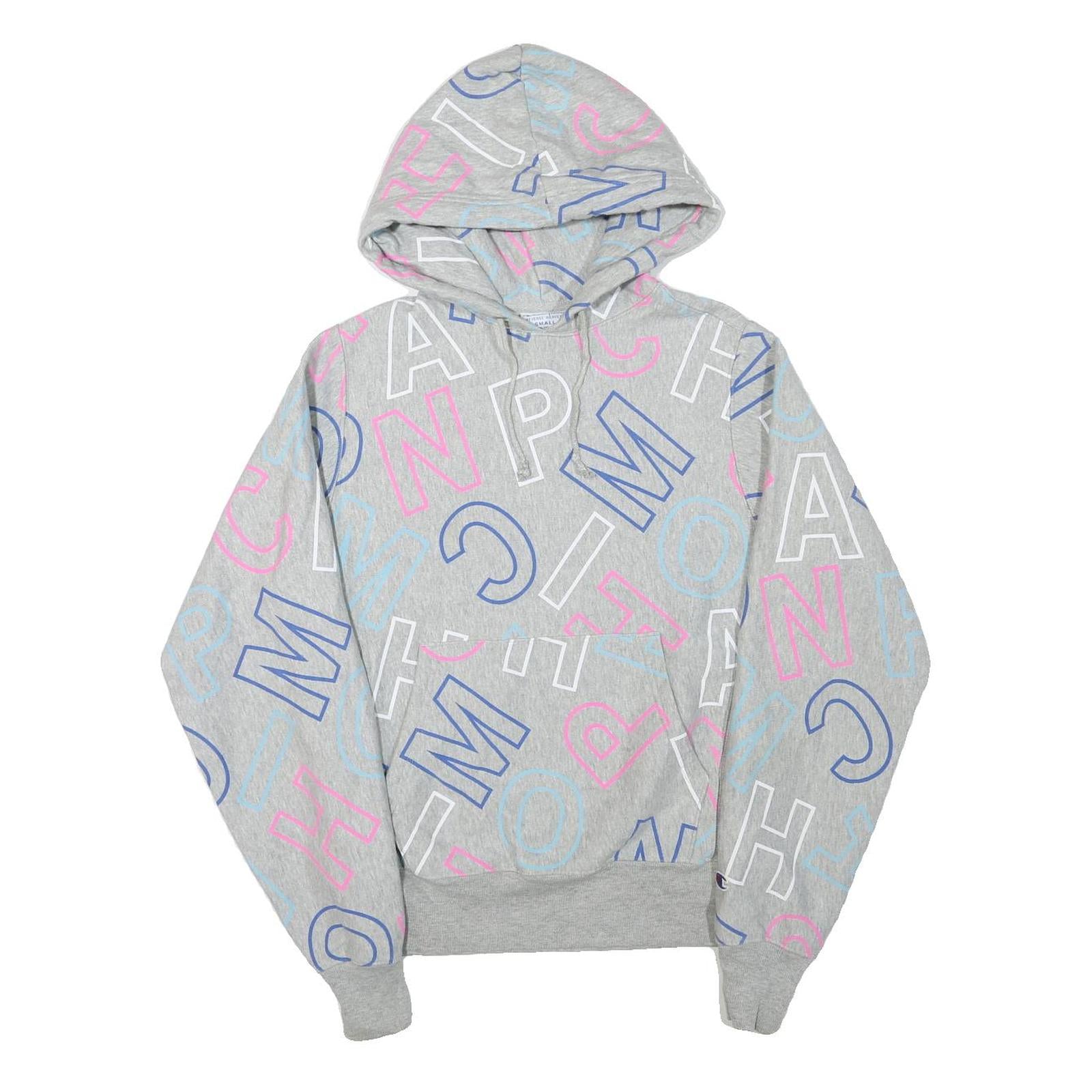 CHAMPION Mens Grey Hoodie S All Over Print Cotton Blend Pullover Casual