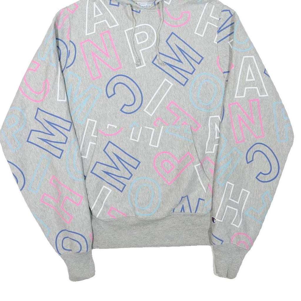 CHAMPION Mens Grey Hoodie S All Over Print Cotton Blend Pullover Casual