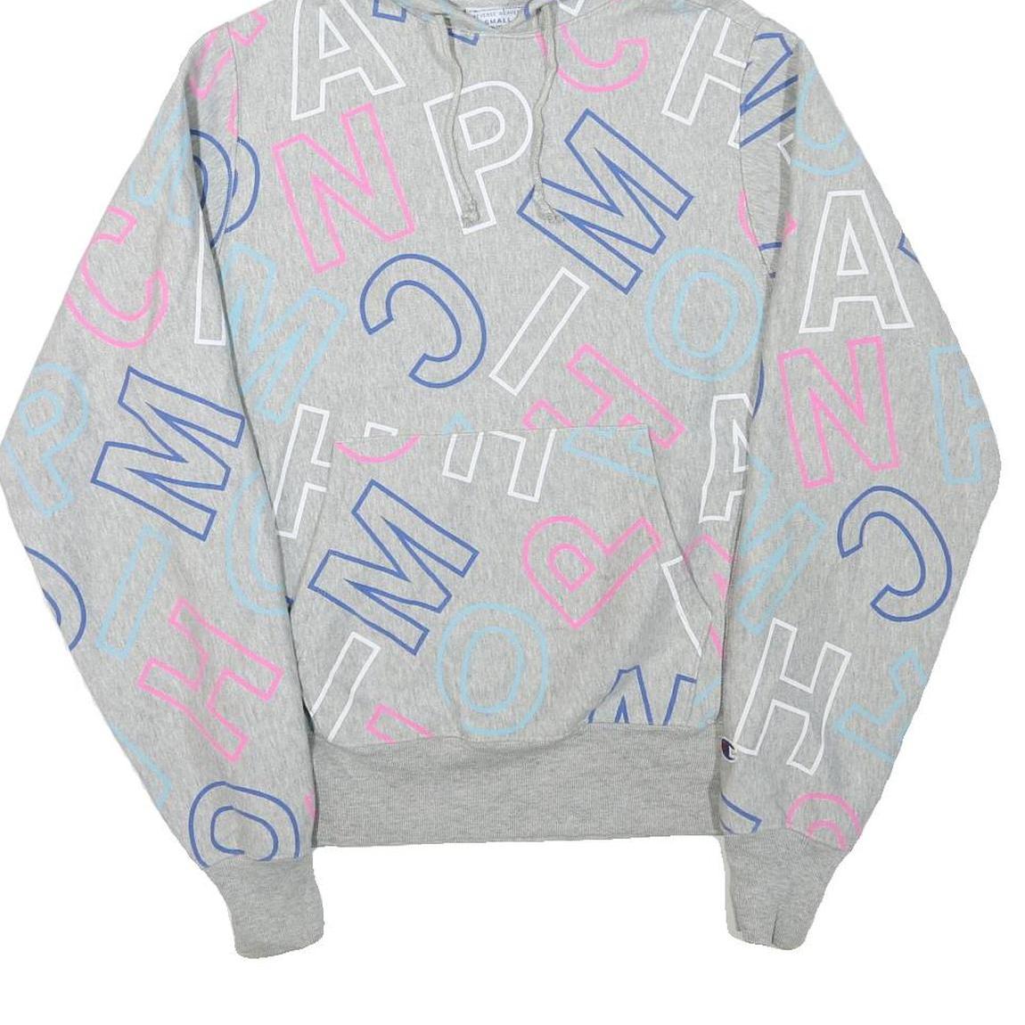 CHAMPION Mens Grey Hoodie S All Over Print Cotton Blend Pullover Casual