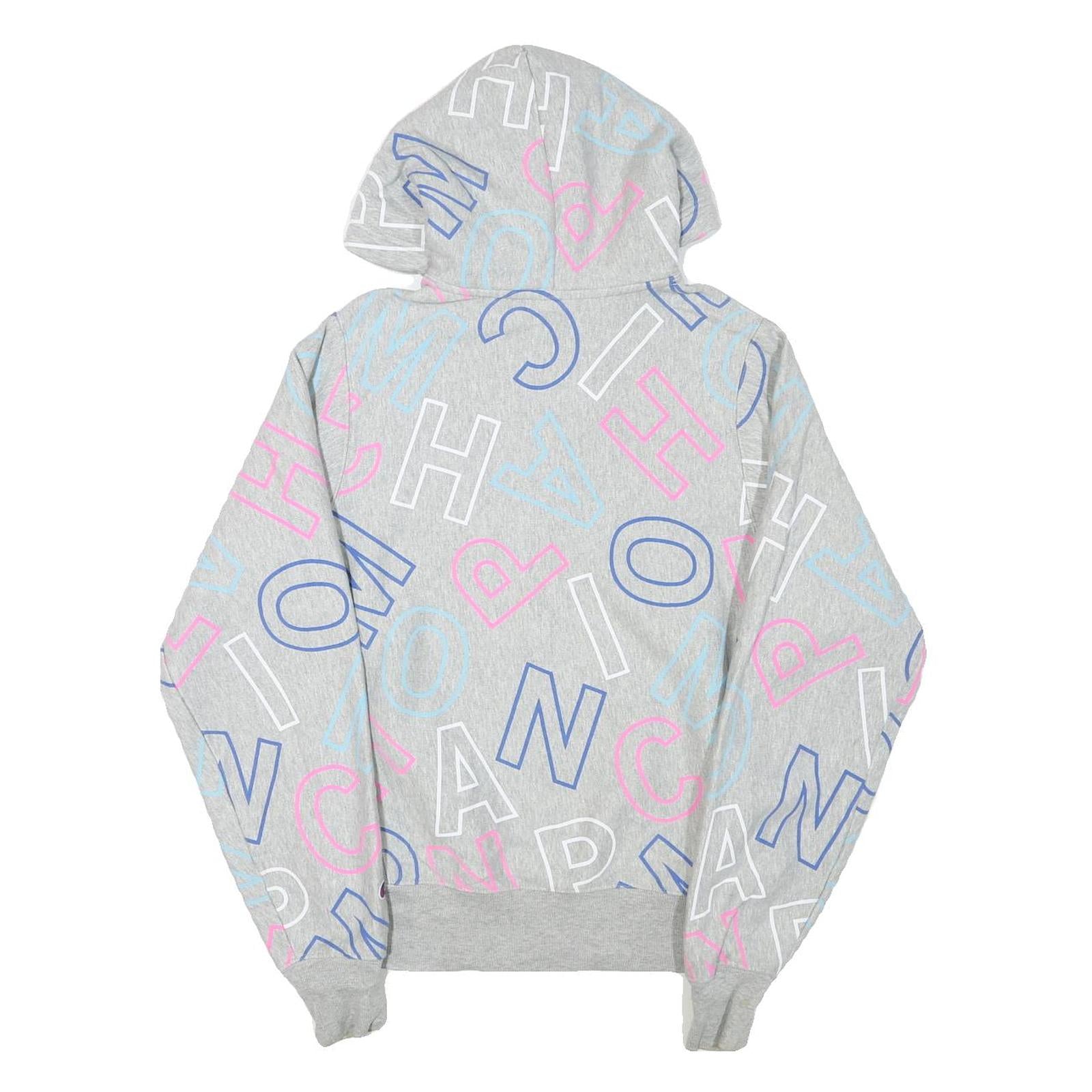 CHAMPION Mens Grey Hoodie S All Over Print Cotton Blend Pullover Casual