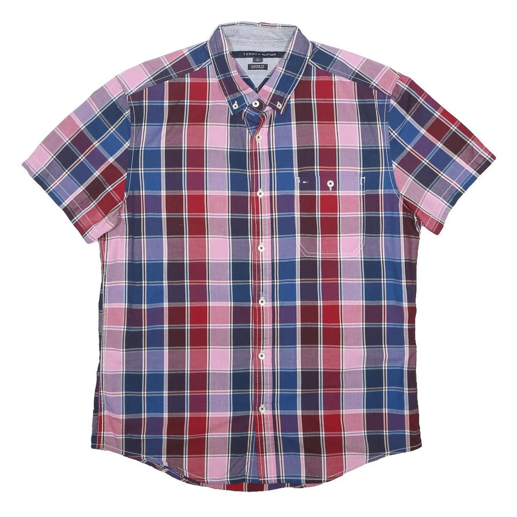 TOMMY HILFIGER Mens Blue & Red Checked Shirt L Cotton Button Down Collar Short