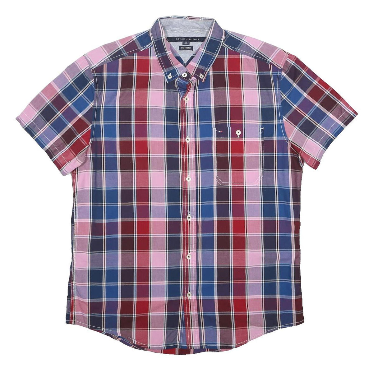 TOMMY HILFIGER Mens Blue & Red Checked Shirt L Cotton Button Down Collar Short