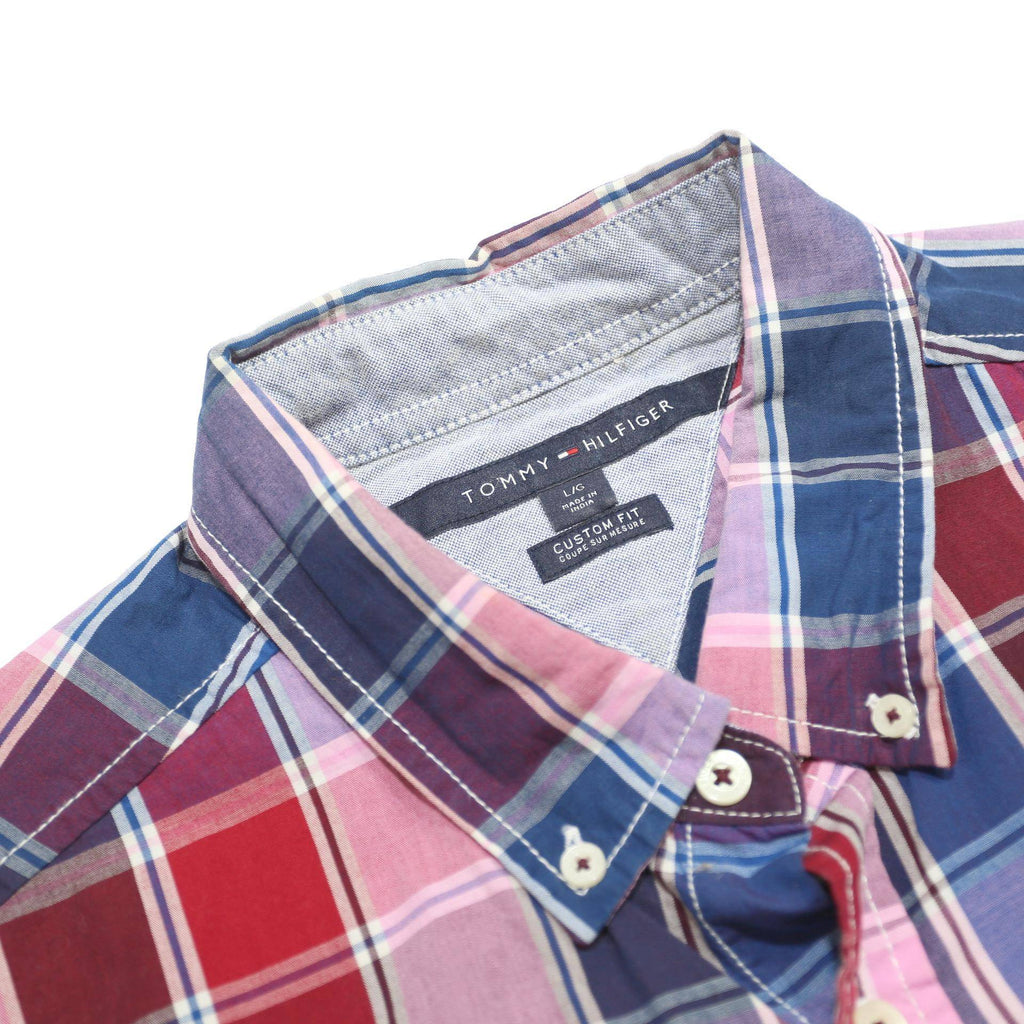 TOMMY HILFIGER Mens Blue & Red Checked Shirt L Cotton Button Down Collar Short