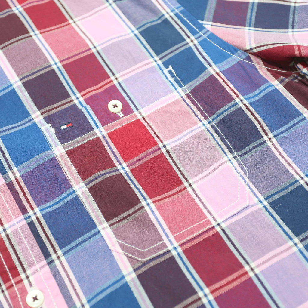 TOMMY HILFIGER Mens Blue & Red Checked Shirt L Cotton Button Down Collar Short