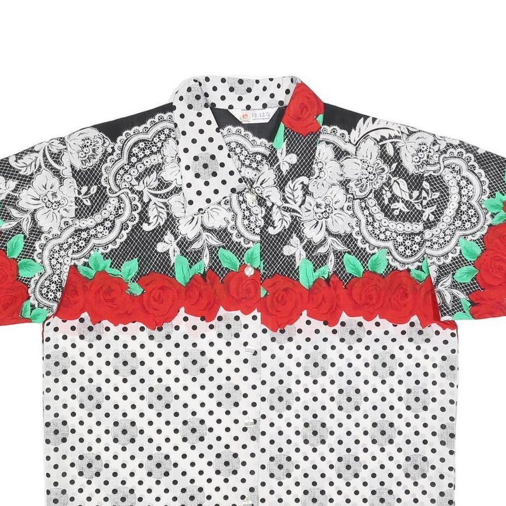 LADYS FASHION Womens White Black & Red Floral Lace Polka Dot Shirt Short Sleeve