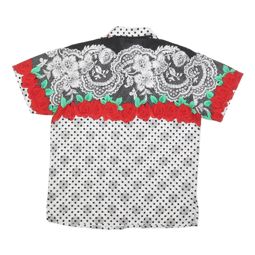LADYS FASHION Womens White Black & Red Floral Lace Polka Dot Shirt Short Sleeve