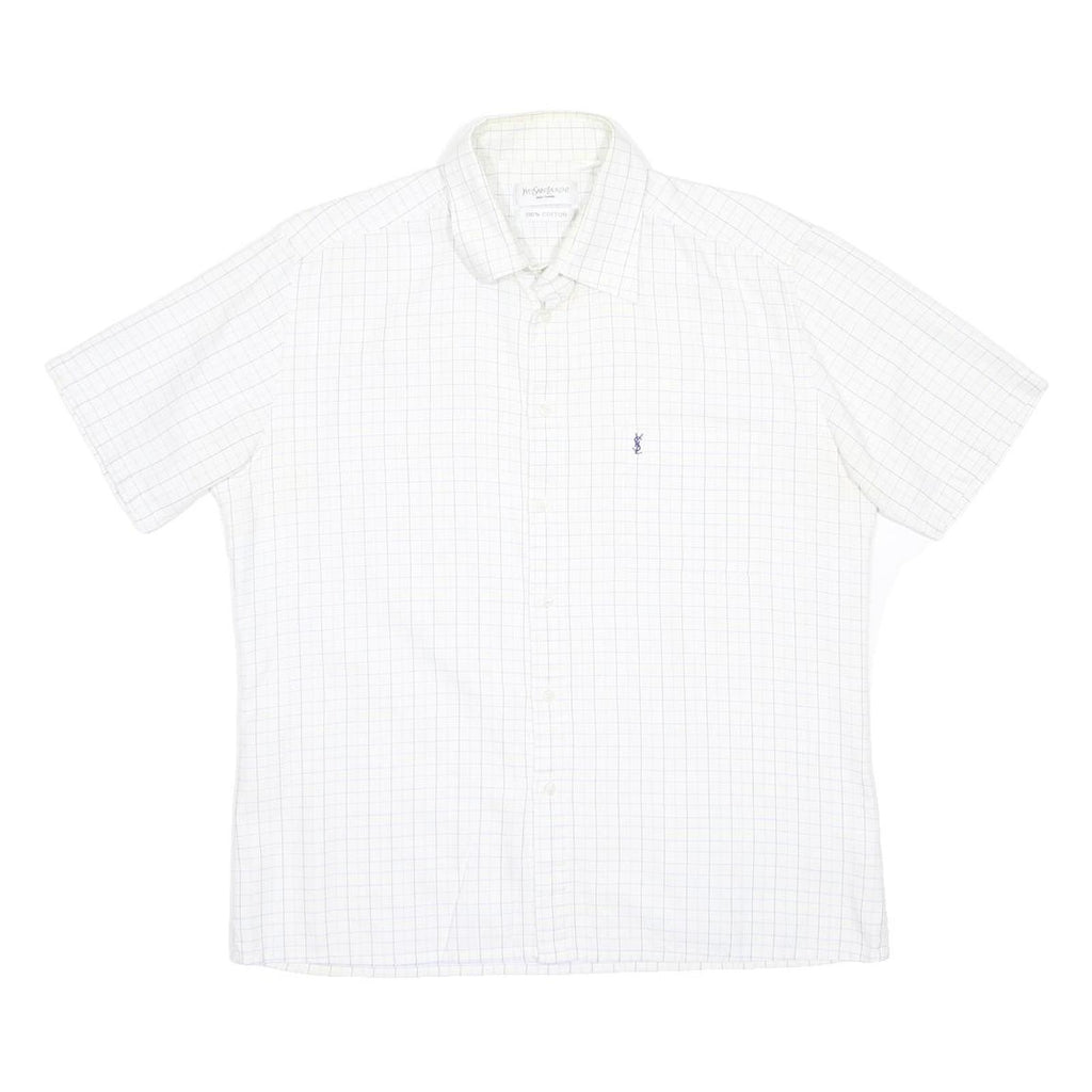 YVES SAINT LAURENT Mens White Check Cotton Shirt L Casual Button Down Short