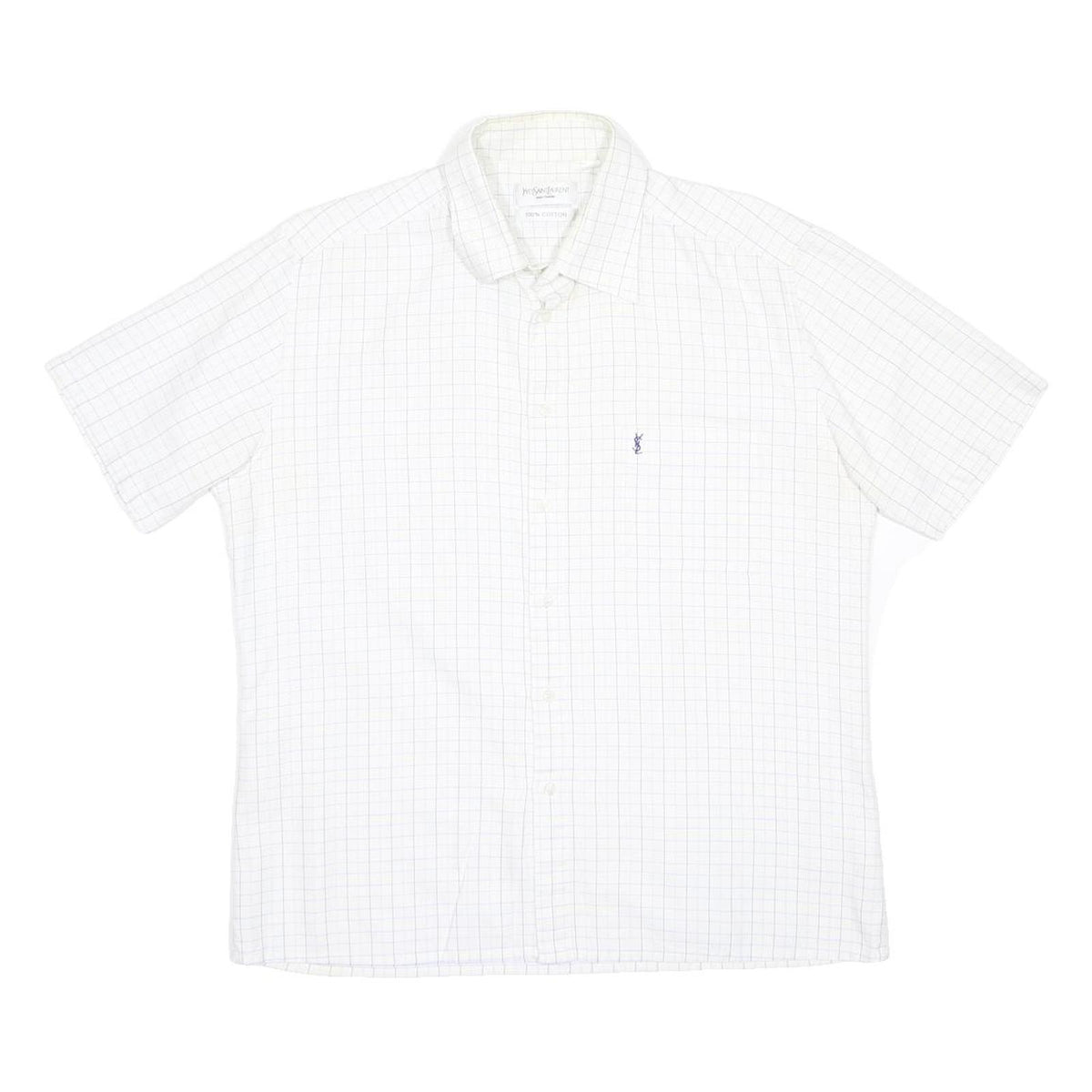 YVES SAINT LAURENT Mens White Check Cotton Shirt L Casual Button Down Short