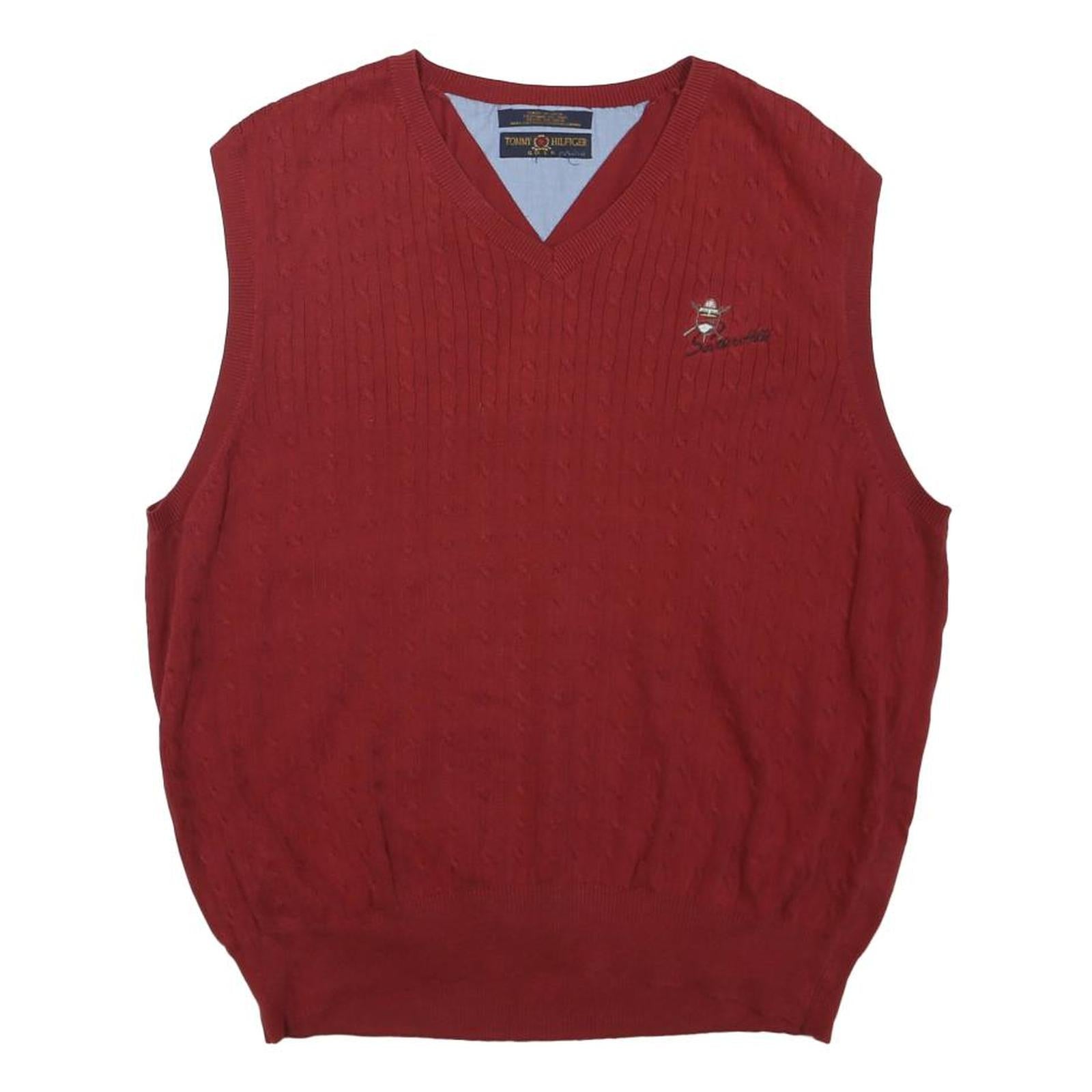 TOMMY HILFIGER Mens Red Patterned Jumper V-Neck Cable Knit M Cotton Blend
