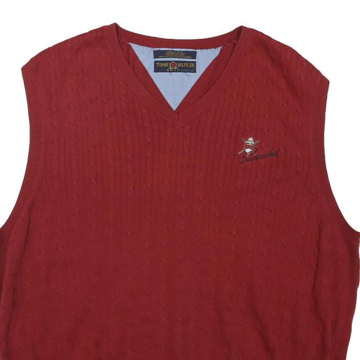 TOMMY HILFIGER Mens Red Patterned Jumper V-Neck Cable Knit M Cotton Blend