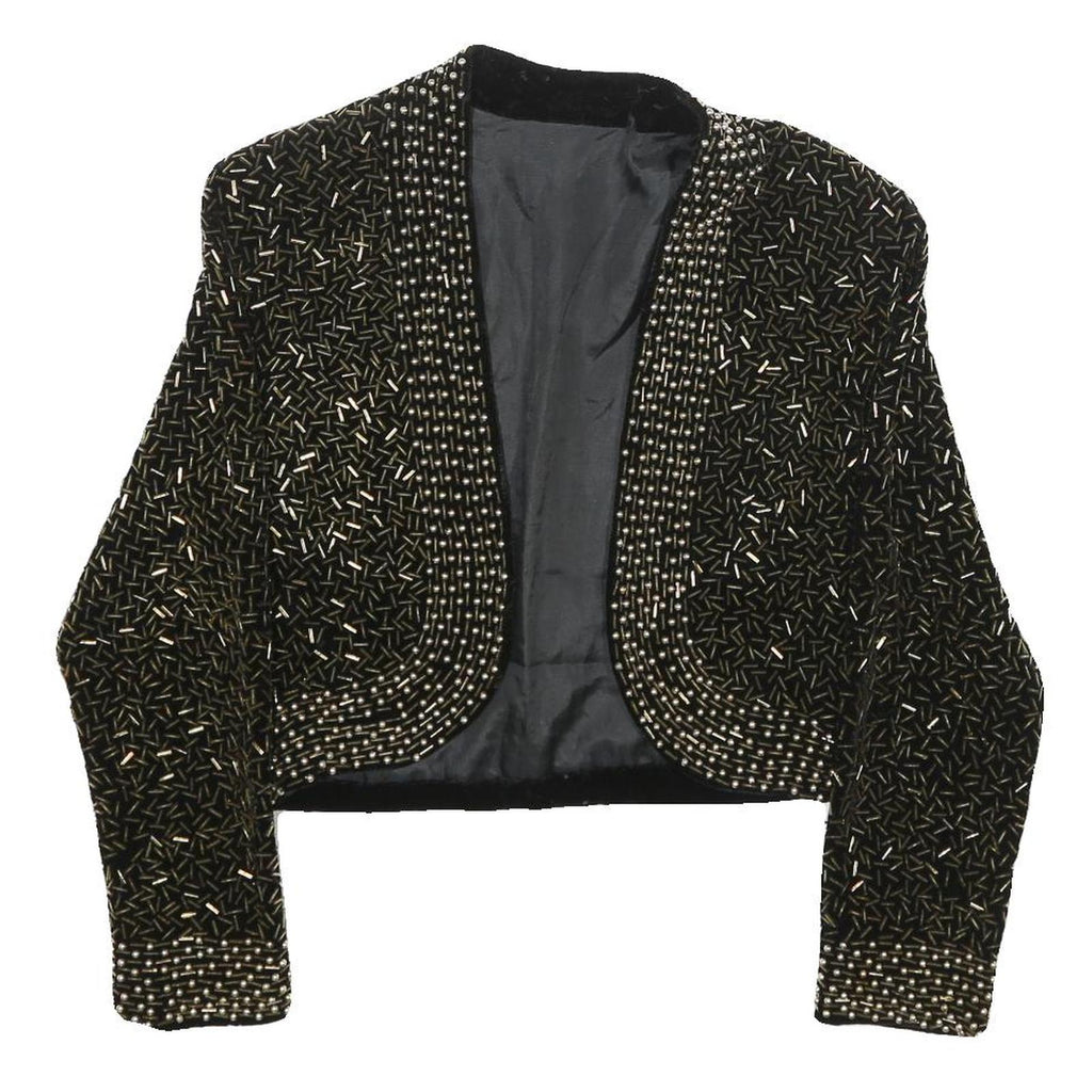 Womens Black Velvet Embellished Cropped Jacket S Tailored Decorative Beads