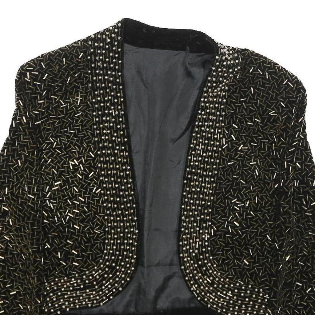 Womens Black Velvet Embellished Cropped Jacket S Tailored Decorative Beads