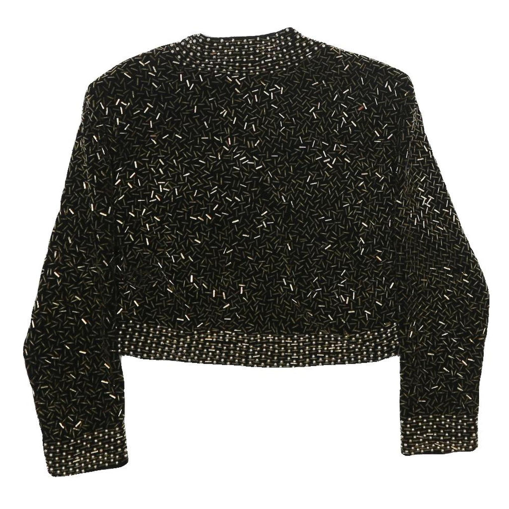 Womens Black Velvet Embellished Cropped Jacket S Tailored Decorative Beads