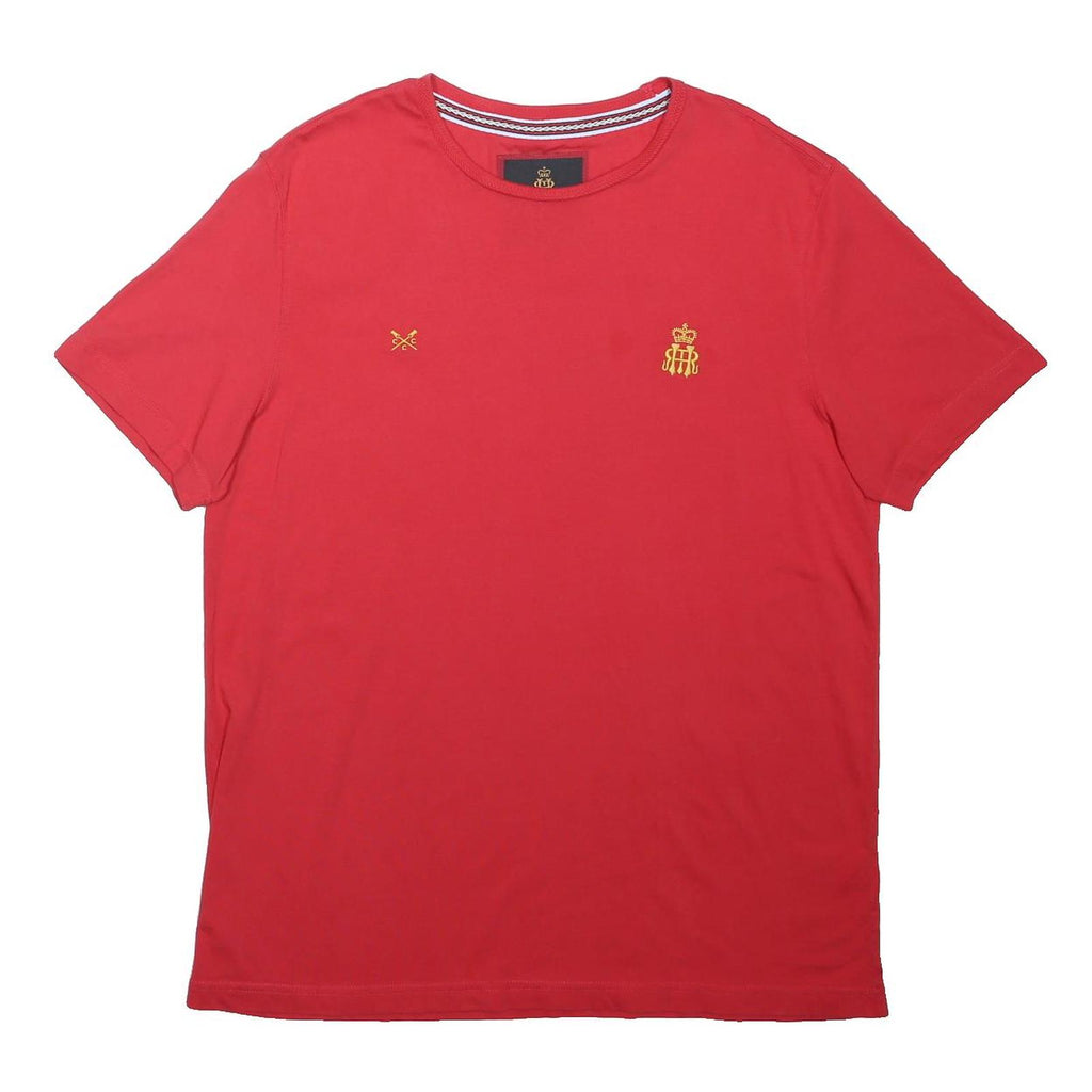 CREW CLOTHING Mens Red XL T-Shirt Short Sleeve Crew Neck Small Gold Logos