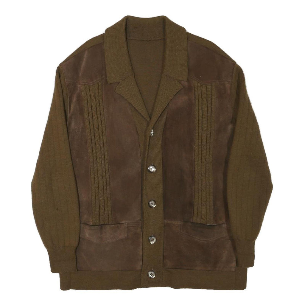 Mens Brown Wool Blend Button Jacket L Knit Panelled Plain Long Sleeve Casual