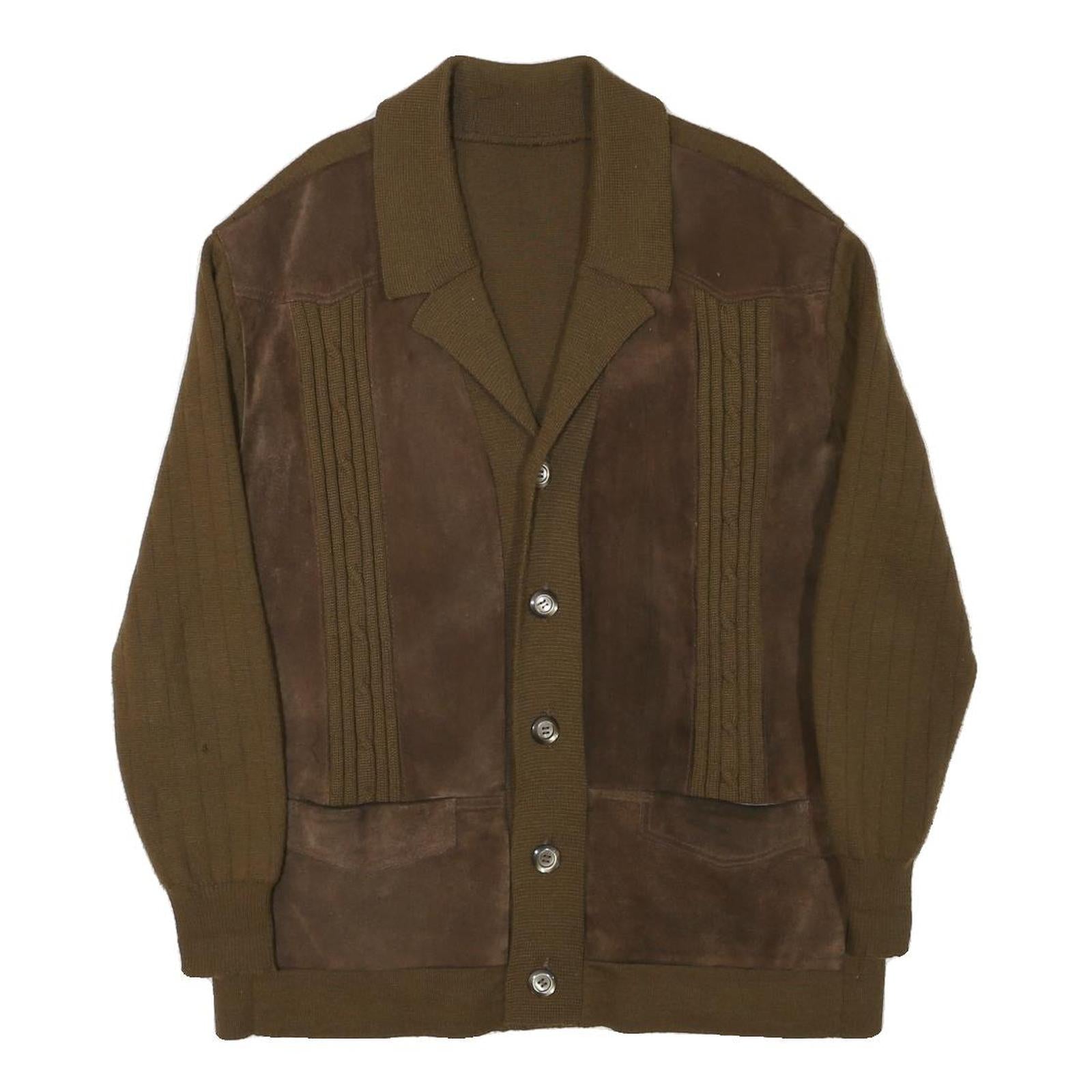 Mens Brown Wool Blend Button Jacket L Knit Panelled Plain Long Sleeve Casual