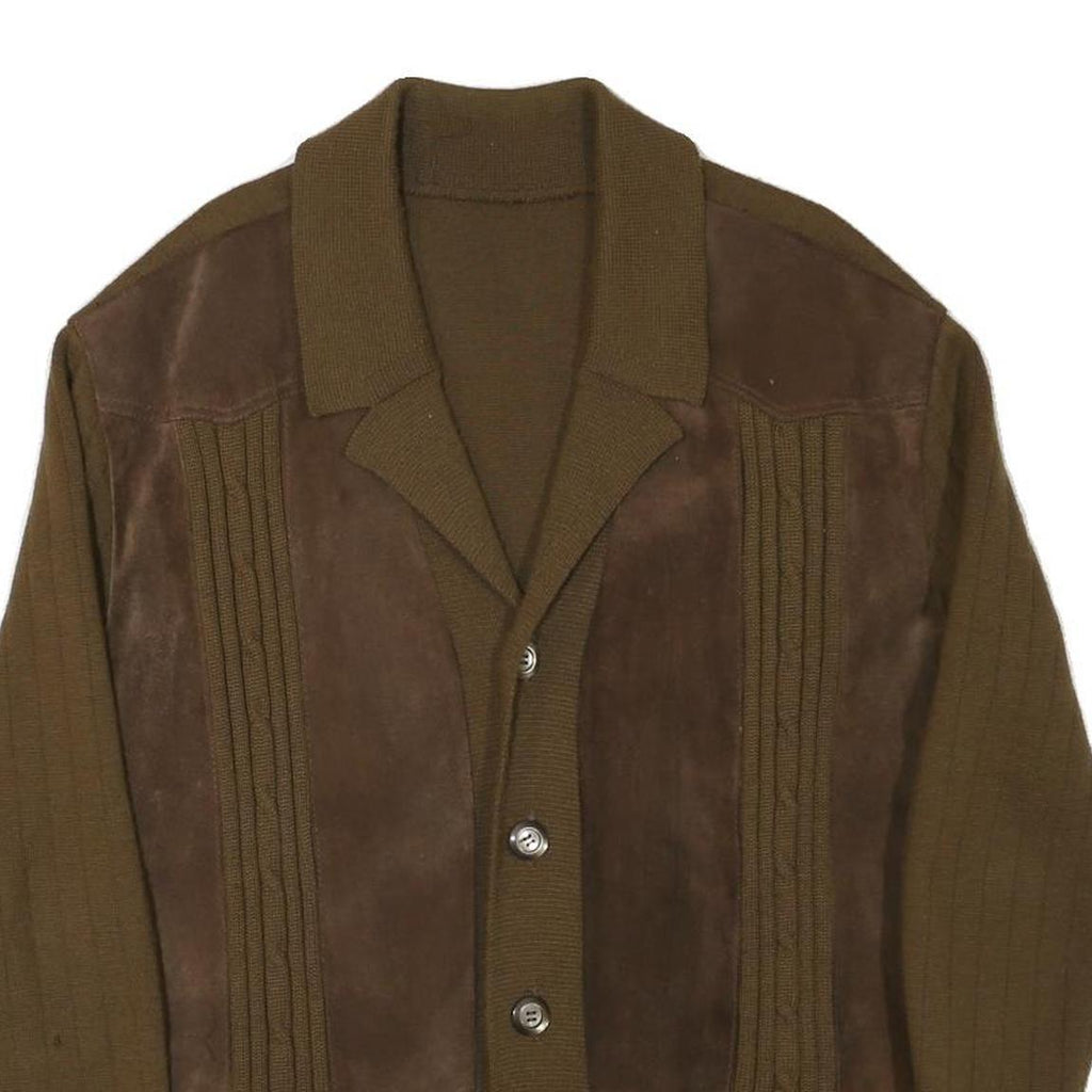 Mens Brown Wool Blend Button Jacket L Knit Panelled Plain Long Sleeve Casual