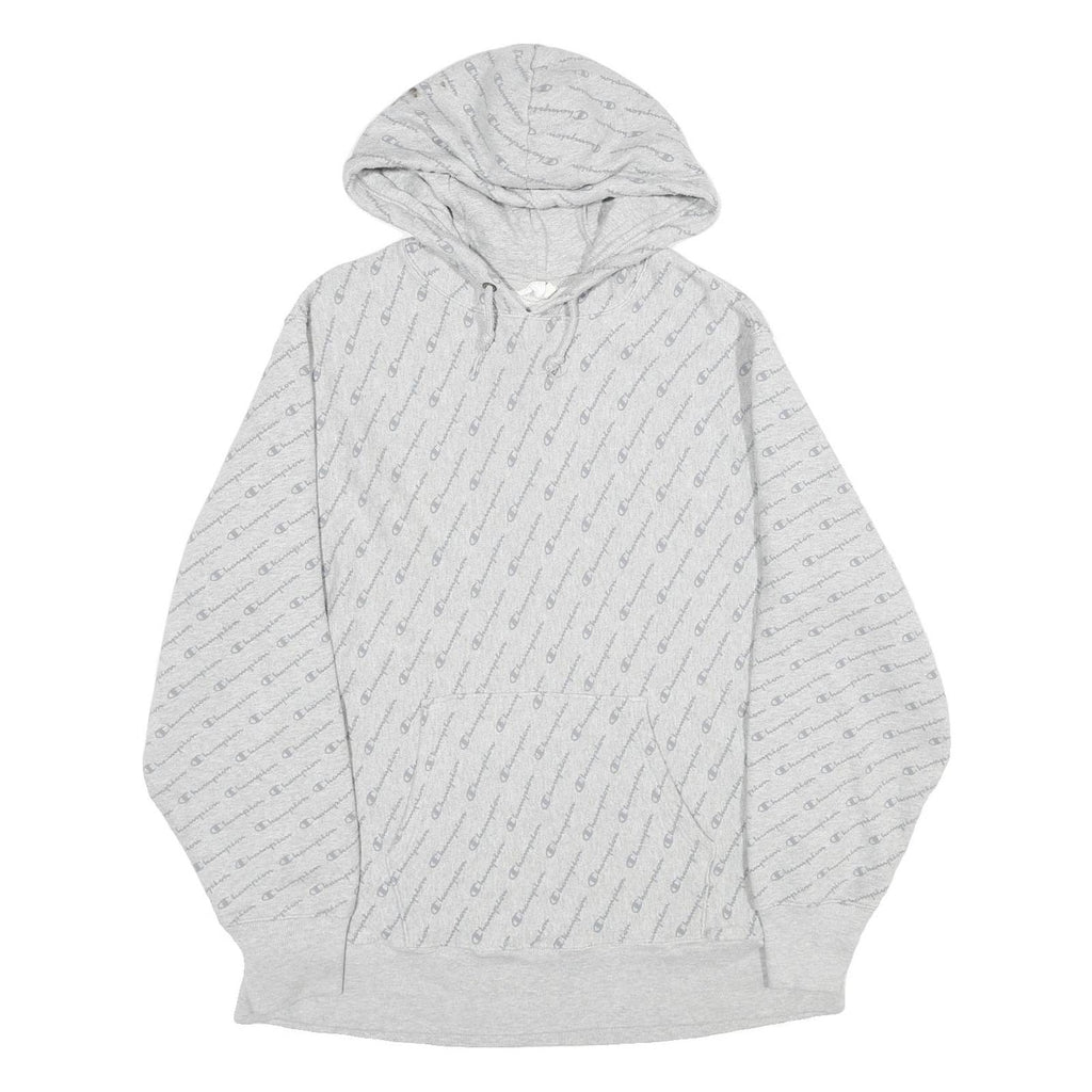 CHAMPION REVERSE WEAVE Mens Grey All Over Logo Print Pullover Hoodie XL