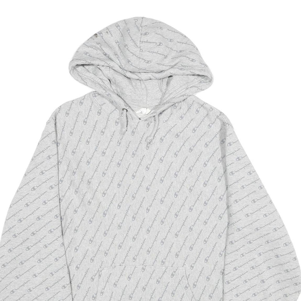 CHAMPION REVERSE WEAVE Mens Grey All Over Logo Print Pullover Hoodie XL