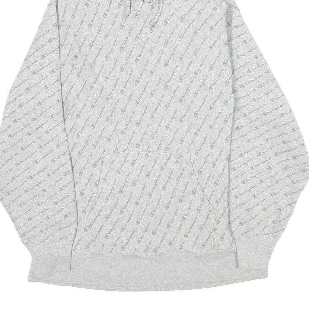 CHAMPION REVERSE WEAVE Mens Grey All Over Logo Print Pullover Hoodie XL