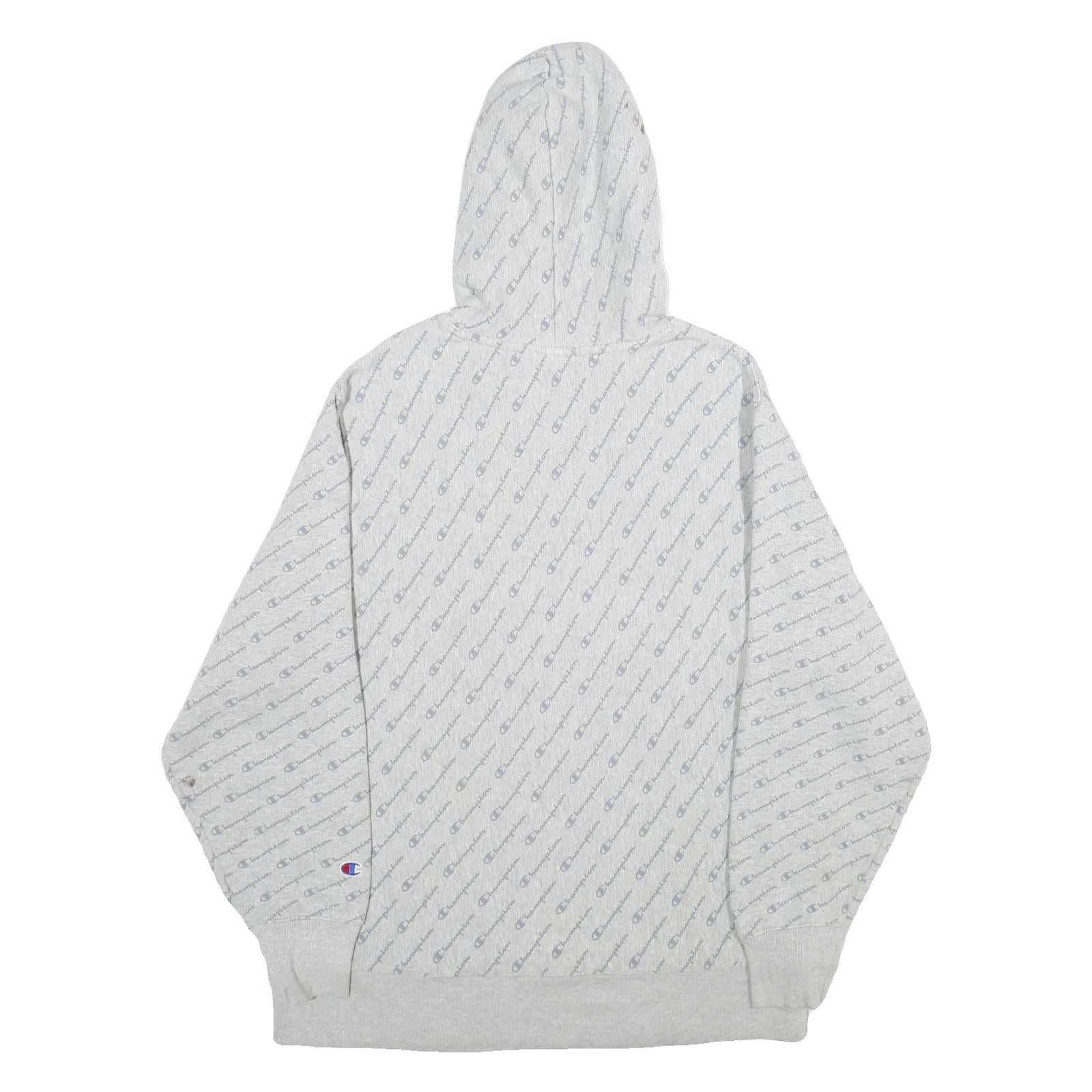 CHAMPION REVERSE WEAVE Mens Grey All Over Logo Print Pullover Hoodie XL