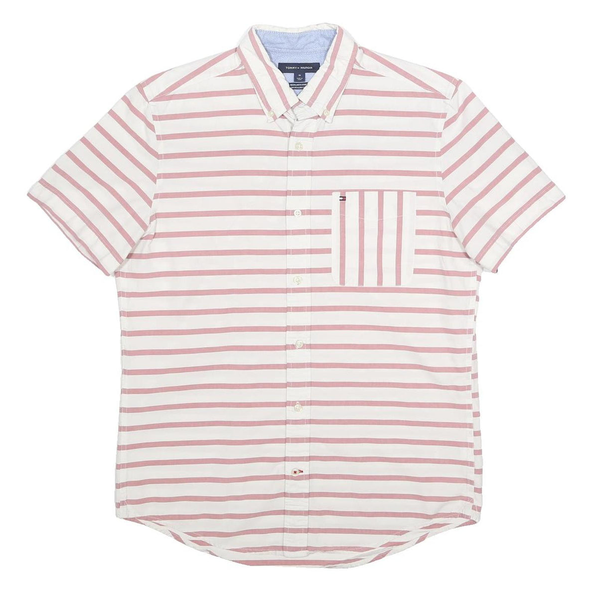 TOMMY HILFIGER Mens White & Pink Striped Shirt M Casual Cotton Blend Short