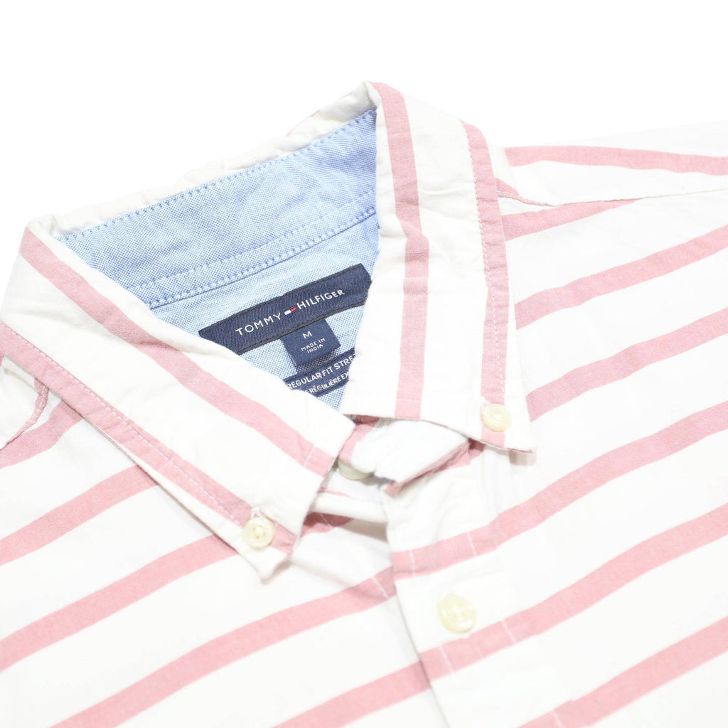 TOMMY HILFIGER Mens White & Pink Striped Shirt M Casual Cotton Blend Short