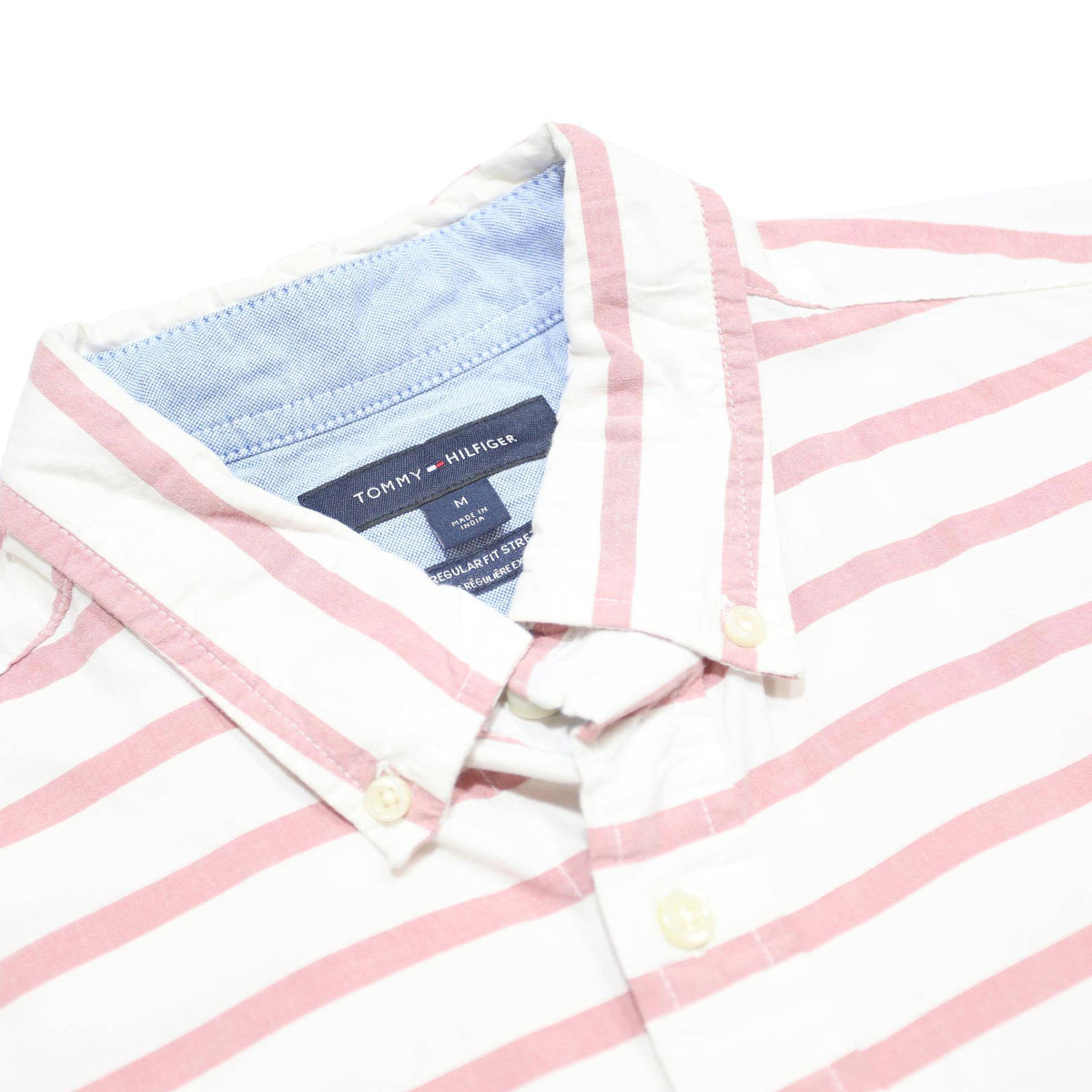 TOMMY HILFIGER Mens White & Pink Striped Shirt M Casual Cotton Blend Short