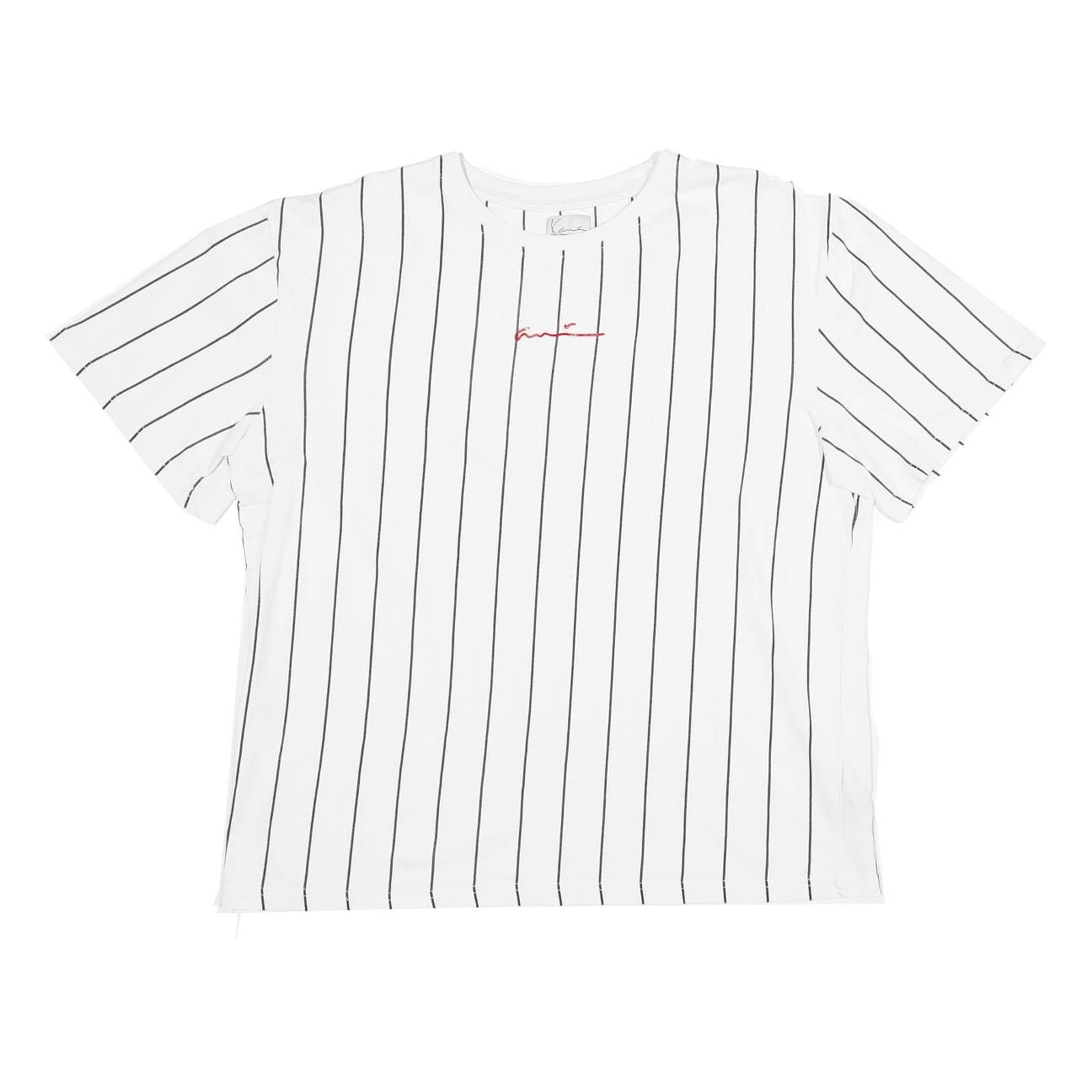 KARL KANI Mens White & Black Striped Graphic T-Shirt S Short Sleeve Crew Neck