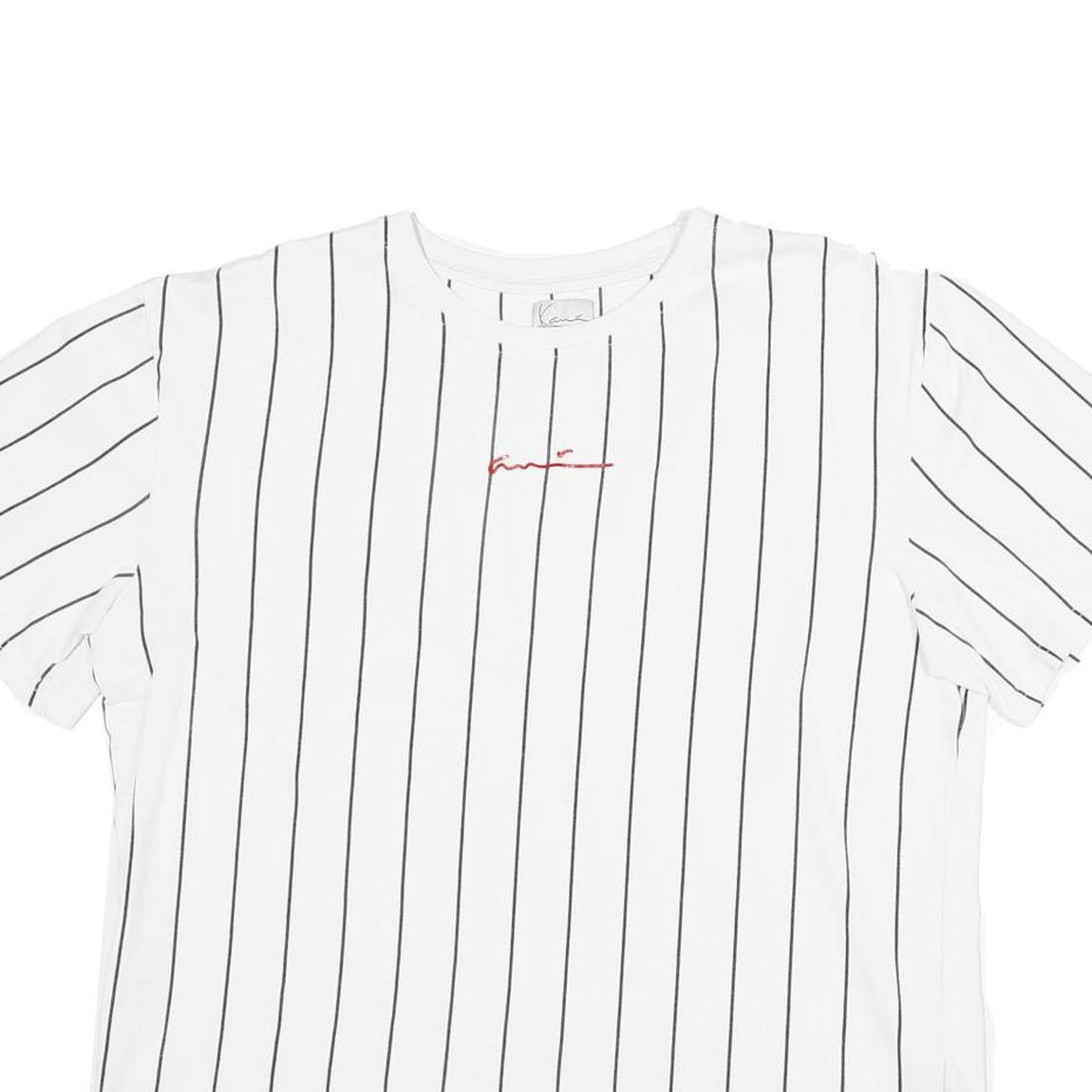 KARL KANI Mens White & Black Striped Graphic T-Shirt S Short Sleeve Crew Neck