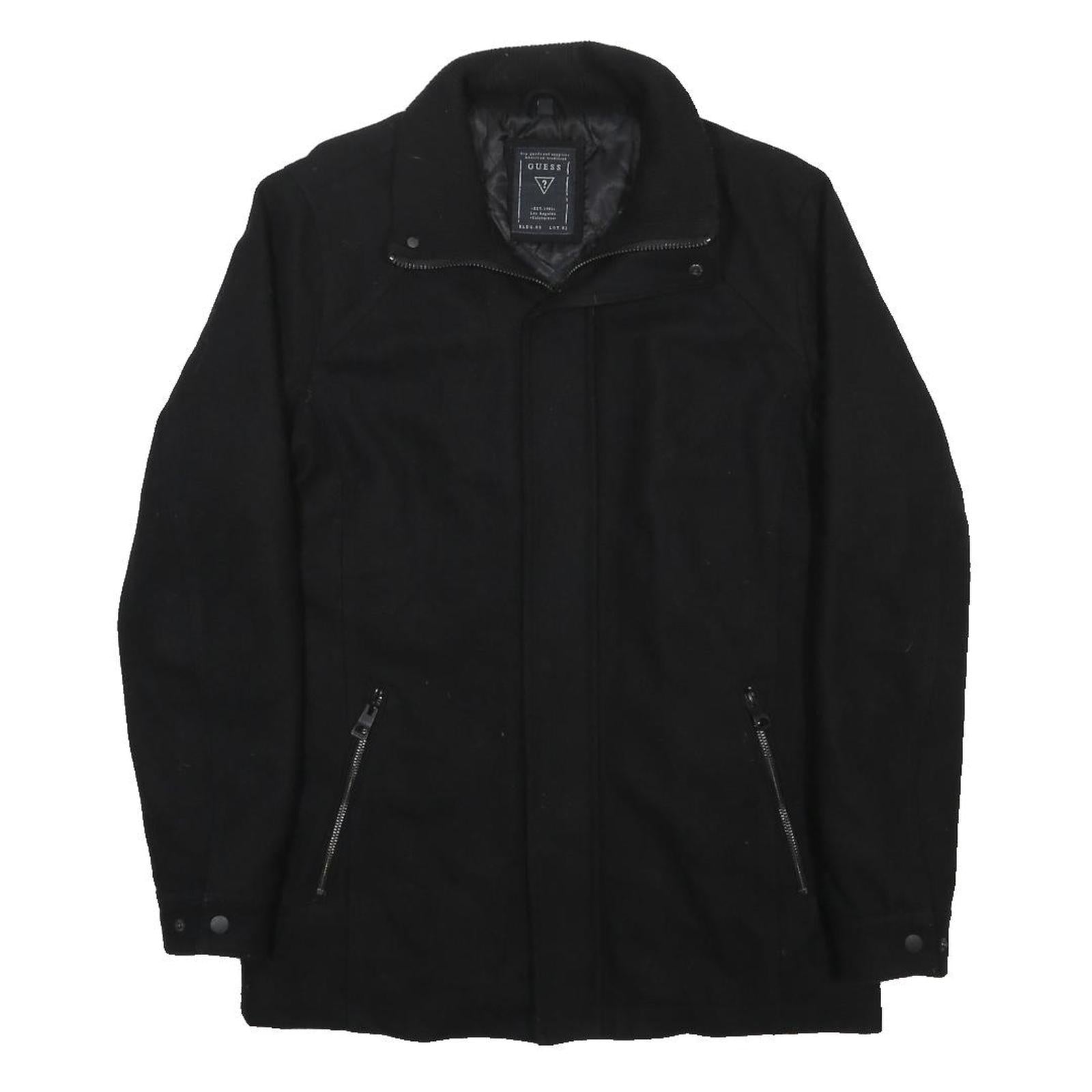 GUESS Mens Black Wool Blend Jacket S Zip Closure Classic Fit Outerwear